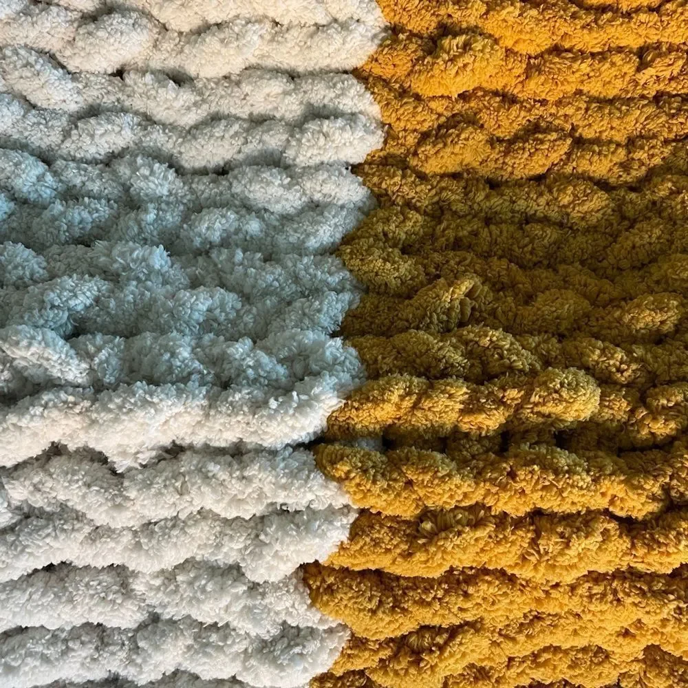 32”x32” Sunflower Yellow & Ivory Stripes Chenille Hand Knit Chunky Plush Blanket
